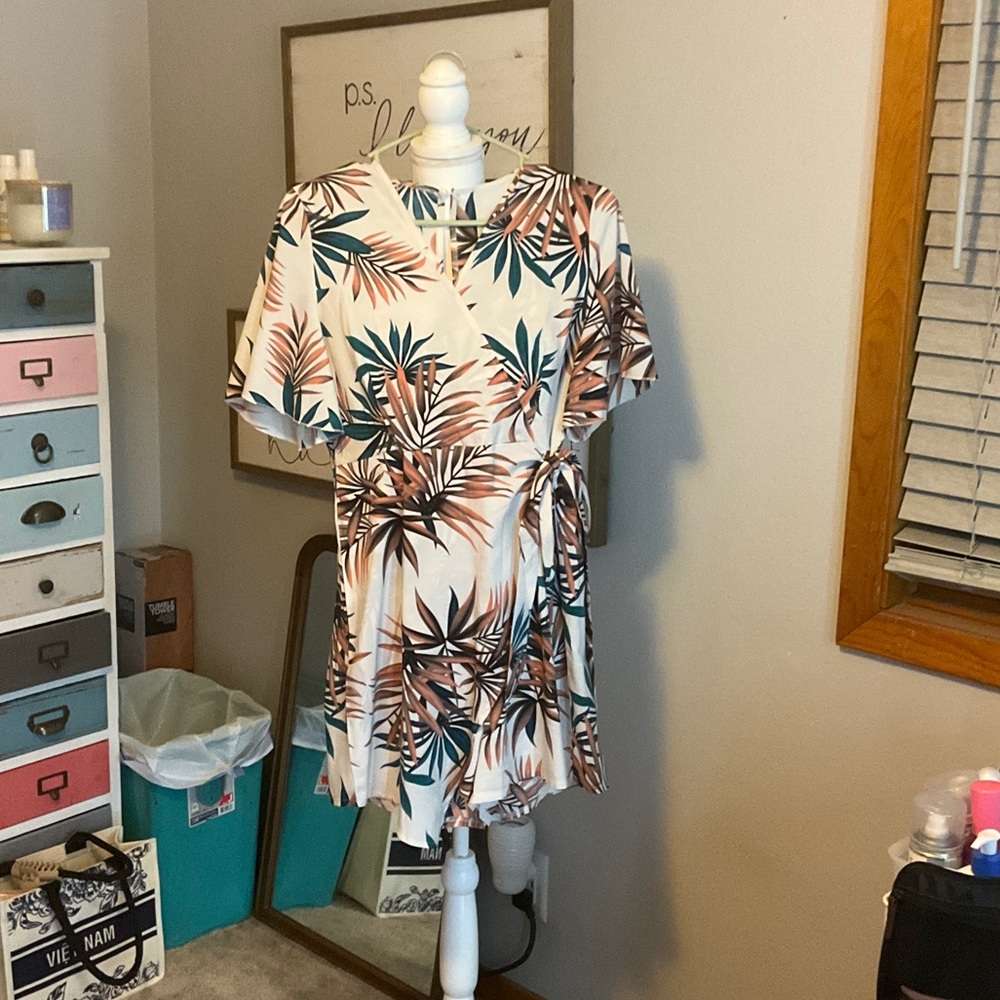 Tropical Leaf Print Wrap Dress